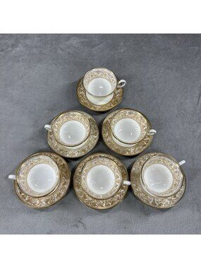 6 Wedgwood GOLD FLORENTINE W4219 Dragons Peony Shape Tea Coffee Cup & Saucer Set